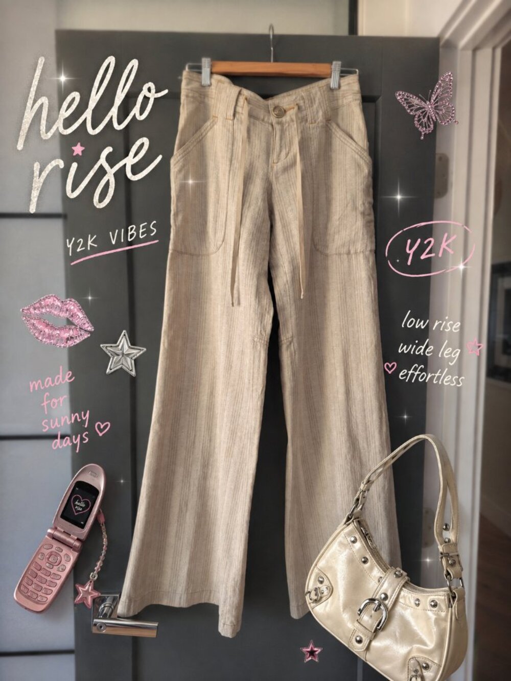 Free People Pants Beige Stripe Wide Leg Flared Textured BohoY2K Vintage NWT